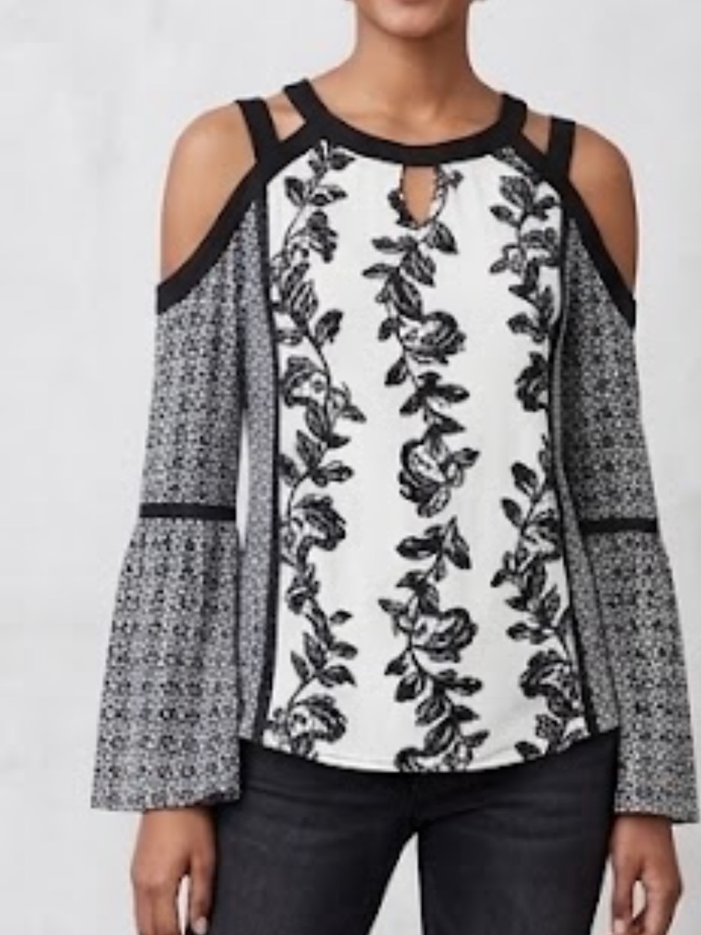Cold-Shoulder Black & White Floral Blouse